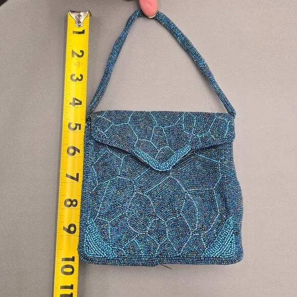 VTG Beaded Purse Made in Japan Blue Mosaic Iridescent Evening Bag Top Handle 60s - Picture 11 of 14